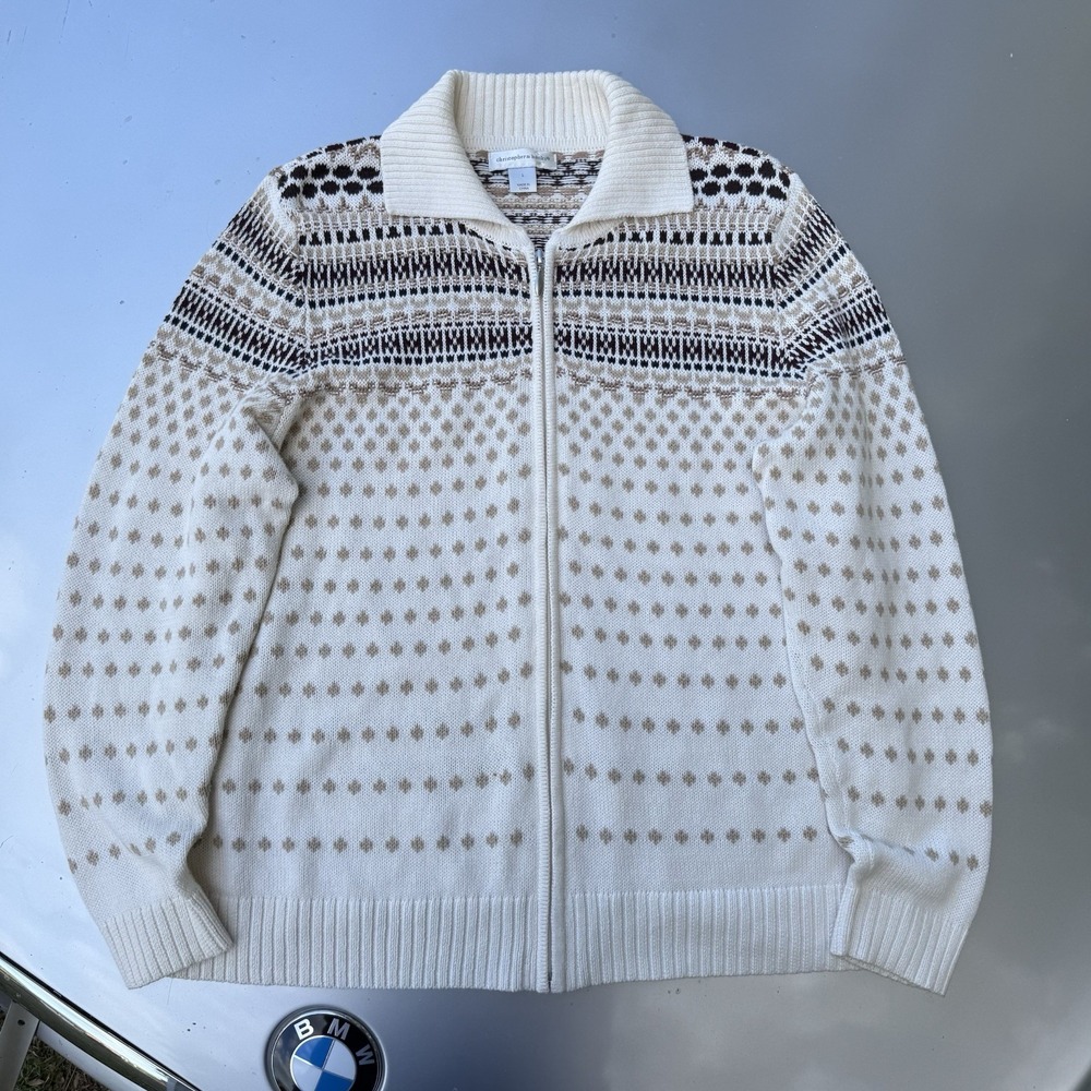 80s 90s christopher & banks® Knit Full Zip Sweater Earth Tones White Women's L